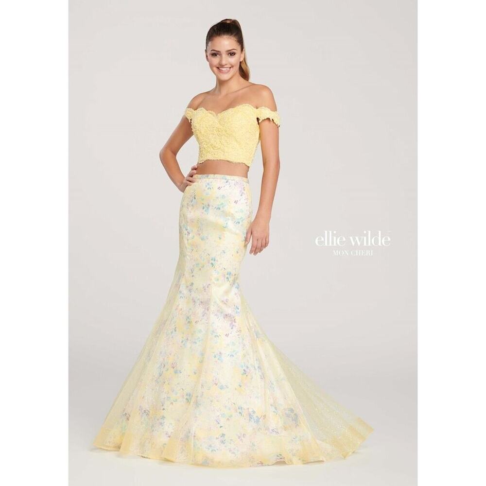 Ellie Wilde Prom Special Occasion Yellow Floral 2 Piece Beaded Tulle Dress Sz 6